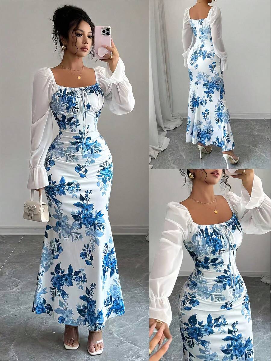 Elenzga New Women's Square Neck Tie Bow Chiffon Puff Sleeve Design Dress, Versatile For Dates, Gatherings, Daily Wear, Waist Cinching, Flattering, Elegant, Youthful, Long Dress For Spring, Summer, Autumn