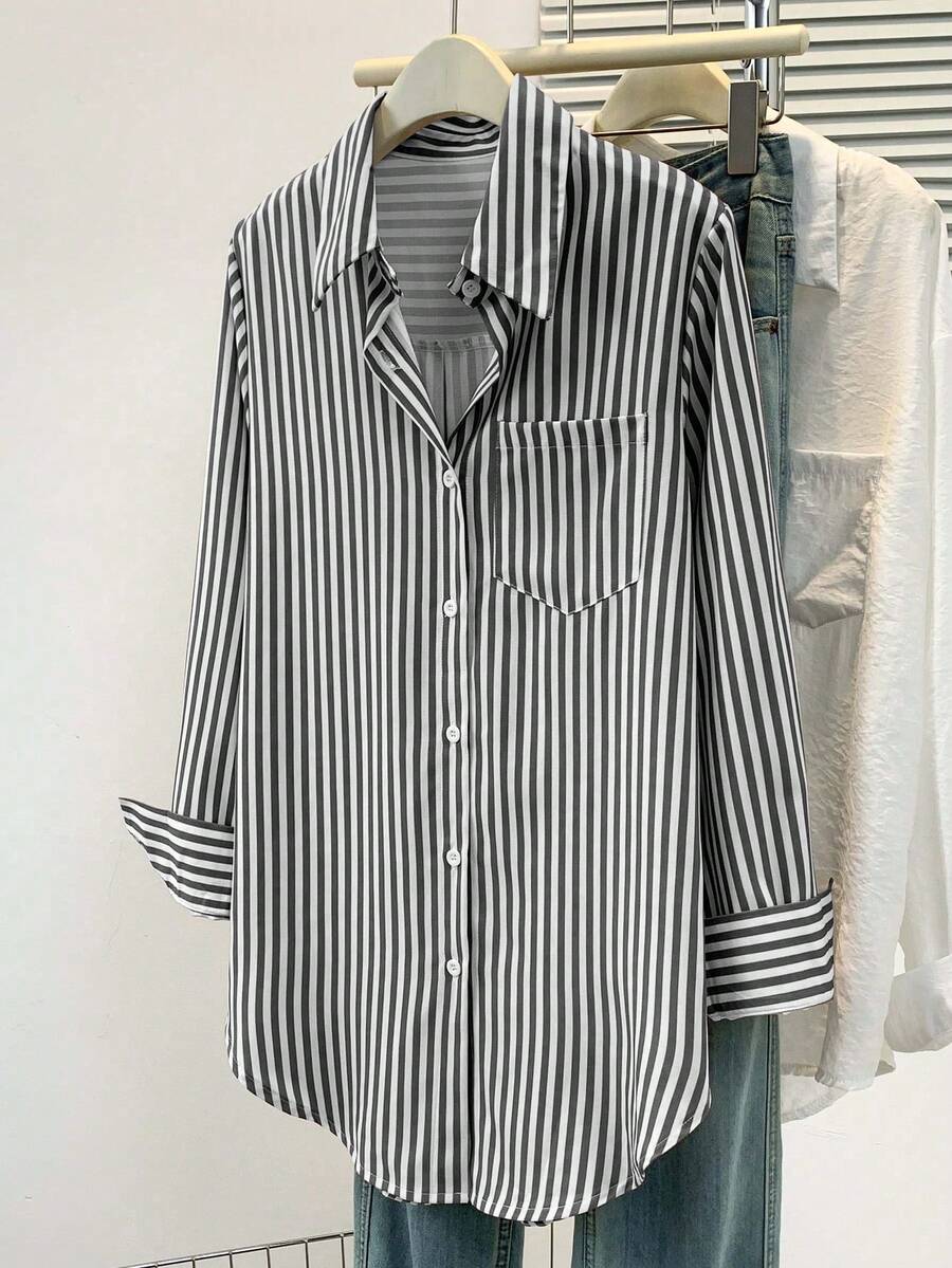 Women's Casual Basic Striped Pointed Collar Long Sleeve Shirt Blouse With Button Pockets, Suitable For Daily Office Wear, Autumn/Winter/Spring