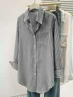 Women's Casual Basic Striped Pointed Collar Long Sleeve Shirt Blouse With Button Pockets, Suitable For Daily Office Wear, Autumn/Winter/Spring