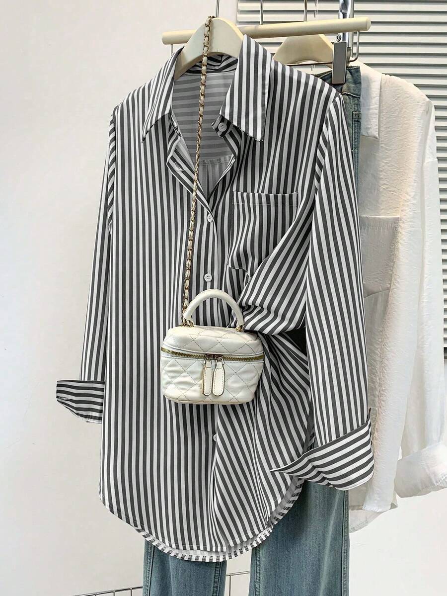 Women's Casual Basic Striped Pointed Collar Long Sleeve Shirt Blouse With Button Pockets, Suitable For Daily Office Wear, Autumn/Winter/Spring