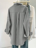 Women's Casual Basic Striped Pointed Collar Long Sleeve Shirt Blouse With Button Pockets, Suitable For Daily Office Wear, Autumn/Winter/Spring