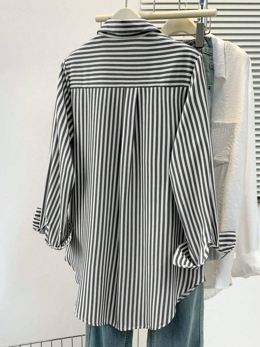 Women's Casual Basic Striped Pointed Collar Long Sleeve Shirt Blouse With Button Pockets, Suitable For Daily Office Wear, Autumn/Winter/Spring