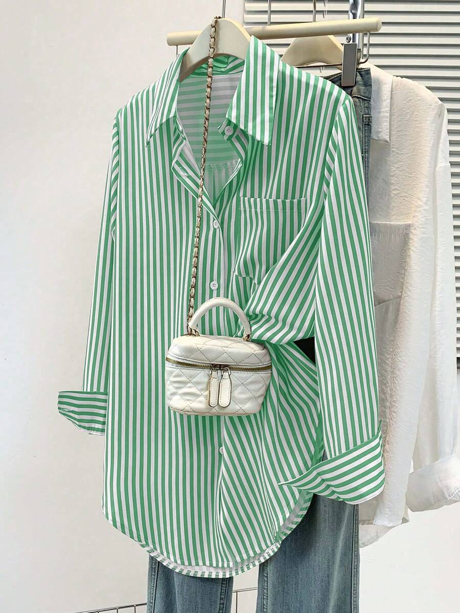 Women's Casual Basic Striped Pointed Collar Long Sleeve Shirt Blouse With Button Pockets, Suitable For Daily Office Wear, Autumn/Winter/Spring