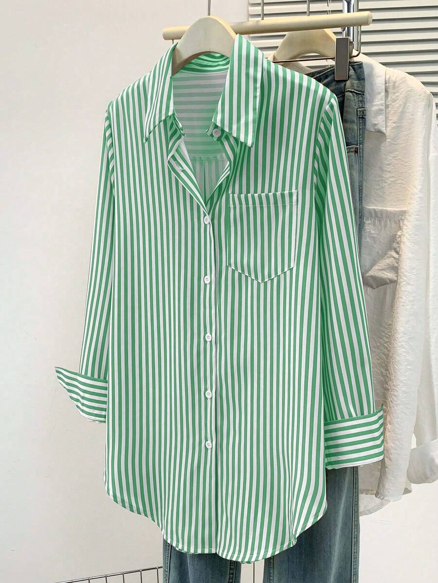 Women's Casual Basic Striped Pointed Collar Long Sleeve Shirt Blouse With Button Pockets, Suitable For Daily Office Wear, Autumn/Winter/Spring