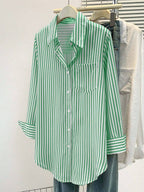 Women's Casual Basic Striped Pointed Collar Long Sleeve Shirt Blouse With Button Pockets, Suitable For Daily Office Wear, Autumn/Winter/Spring