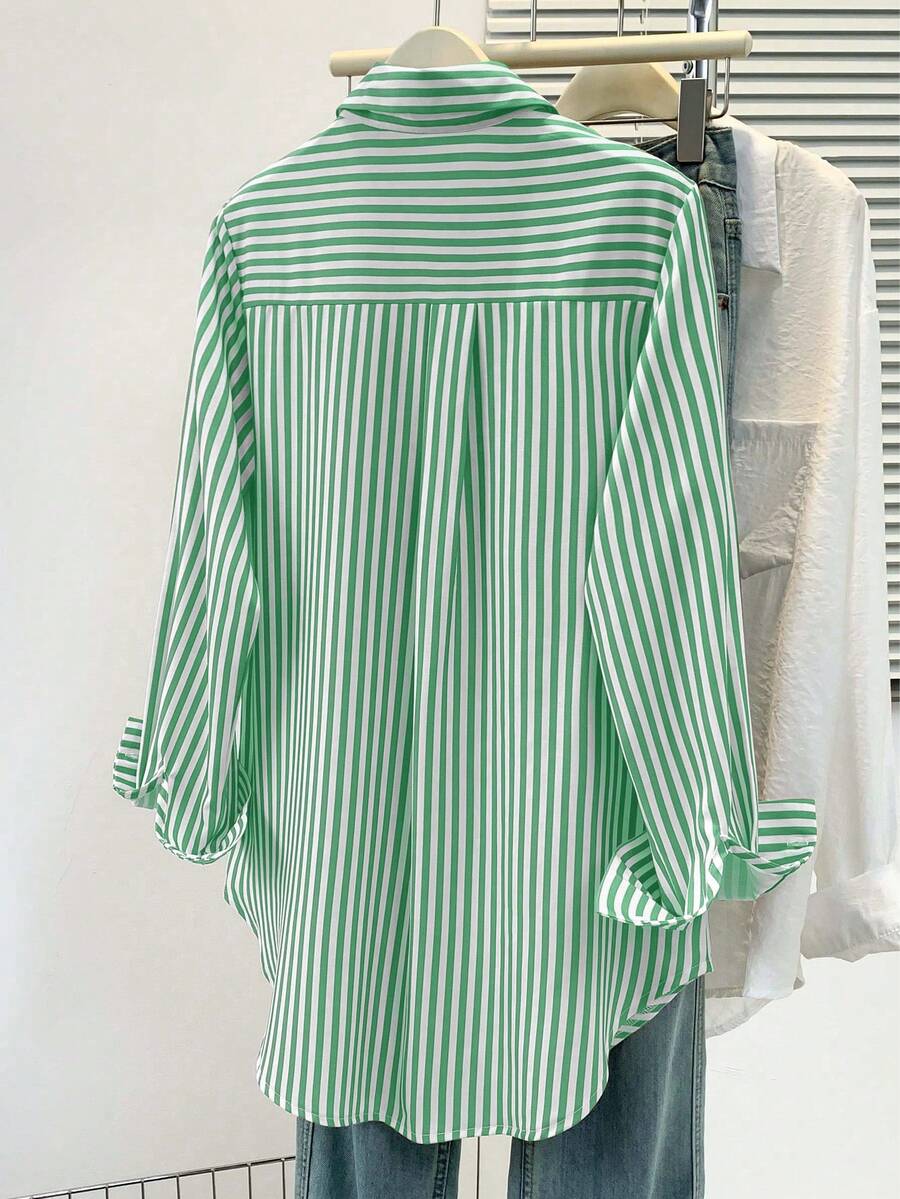 Women's Casual Basic Striped Pointed Collar Long Sleeve Shirt Blouse With Button Pockets, Suitable For Daily Office Wear, Autumn/Winter/Spring