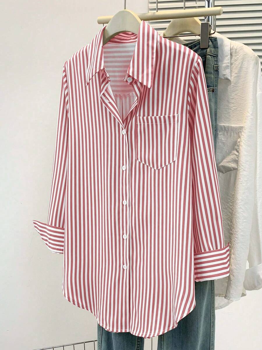 Women's Casual Basic Striped Pointed Collar Long Sleeve Shirt Blouse With Button Pockets, Suitable For Daily Office Wear, Autumn/Winter/Spring