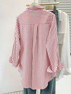 Women's Casual Basic Striped Pointed Collar Long Sleeve Shirt Blouse With Button Pockets, Suitable For Daily Office Wear, Autumn/Winter/Spring