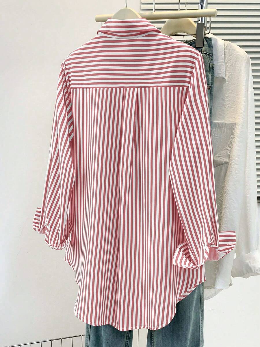 Women's Casual Basic Striped Pointed Collar Long Sleeve Shirt Blouse With Button Pockets, Suitable For Daily Office Wear, Autumn/Winter/Spring