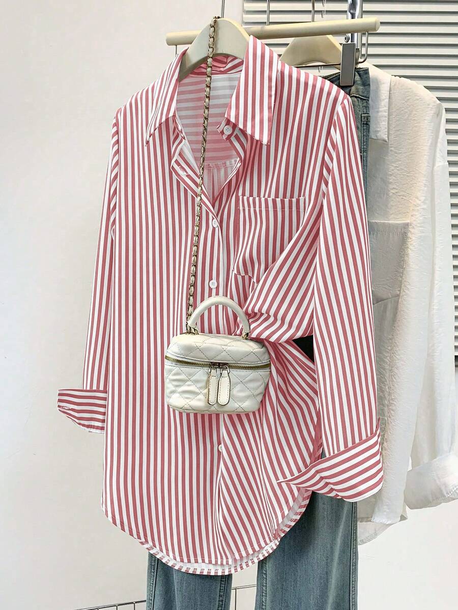 Women's Casual Basic Striped Pointed Collar Long Sleeve Shirt Blouse With Button Pockets, Suitable For Daily Office Wear, Autumn/Winter/Spring
