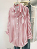 Women's Casual Basic Striped Pointed Collar Long Sleeve Shirt Blouse With Button Pockets, Suitable For Daily Office Wear, Autumn/Winter/Spring
