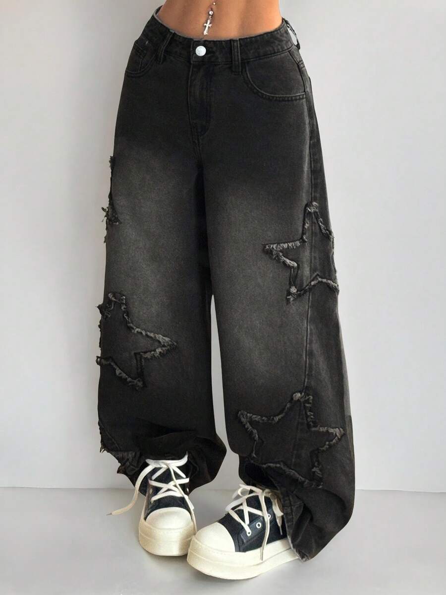 Coolane Women's Winter/All-Season Streetwear  Hippie   Music Festival Party Casual Preppy Vintage Basic Star Patched Washed Comfortable Black Baggy  Jeans