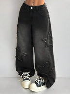 Coolane Women's Winter/All-Season Streetwear  Hippie   Music Festival Party Casual Preppy Vintage Basic Star Patched Washed Comfortable Black Baggy  Jeans