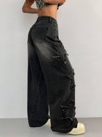 Coolane Women's Winter/All-Season Streetwear  Hippie   Music Festival Party Casual Preppy Vintage Basic Star Patched Washed Comfortable Black Baggy  Jeans