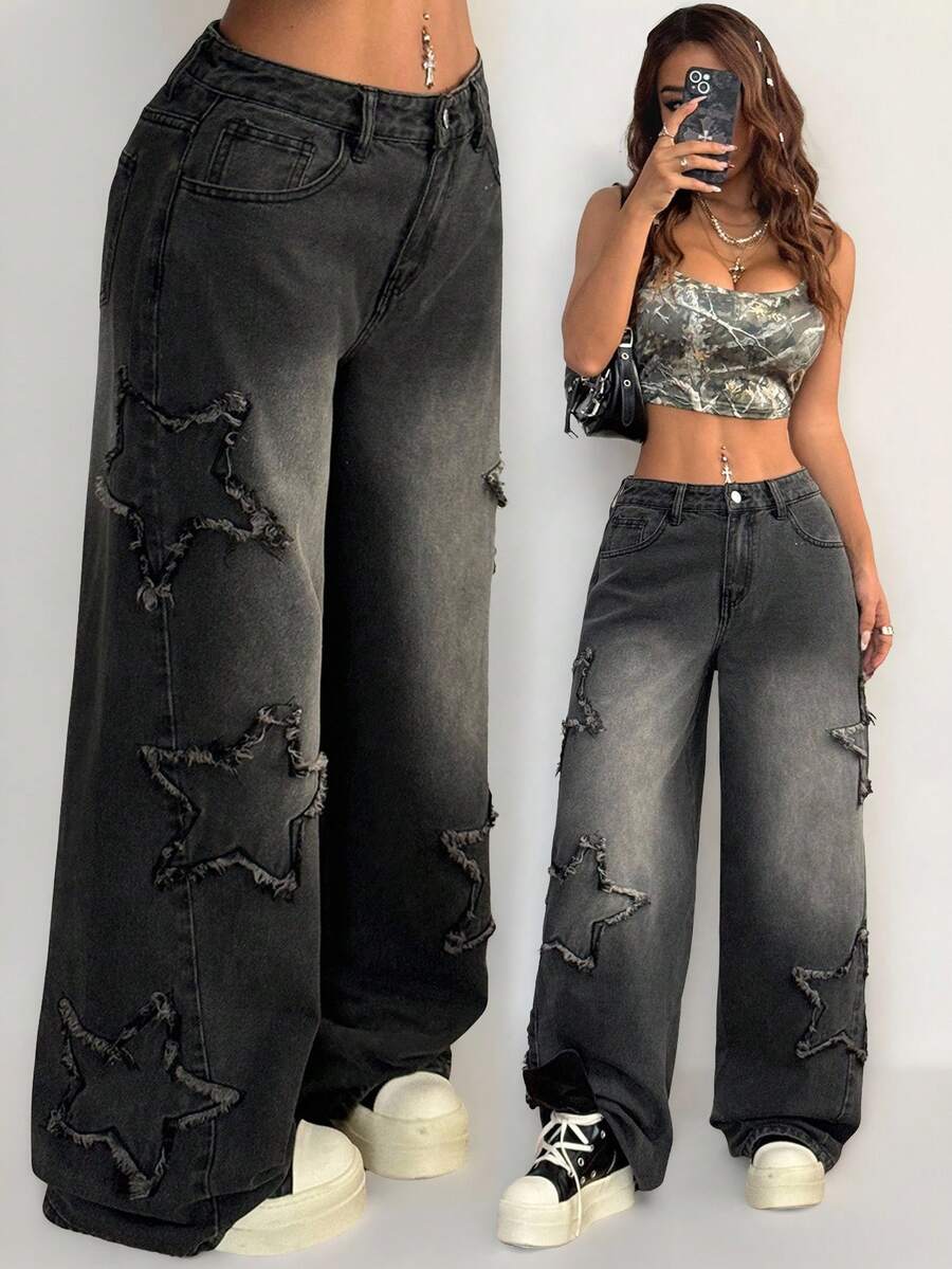 Coolane Women's Winter/All-Season Streetwear  Hippie   Music Festival Party Casual Preppy Vintage Basic Star Patched Washed Comfortable Black Baggy  Jeans