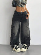 Coolane Women's Winter/All-Season Streetwear  Hippie   Music Festival Party Casual Preppy Vintage Basic Star Patched Washed Comfortable Black Baggy  Jeans