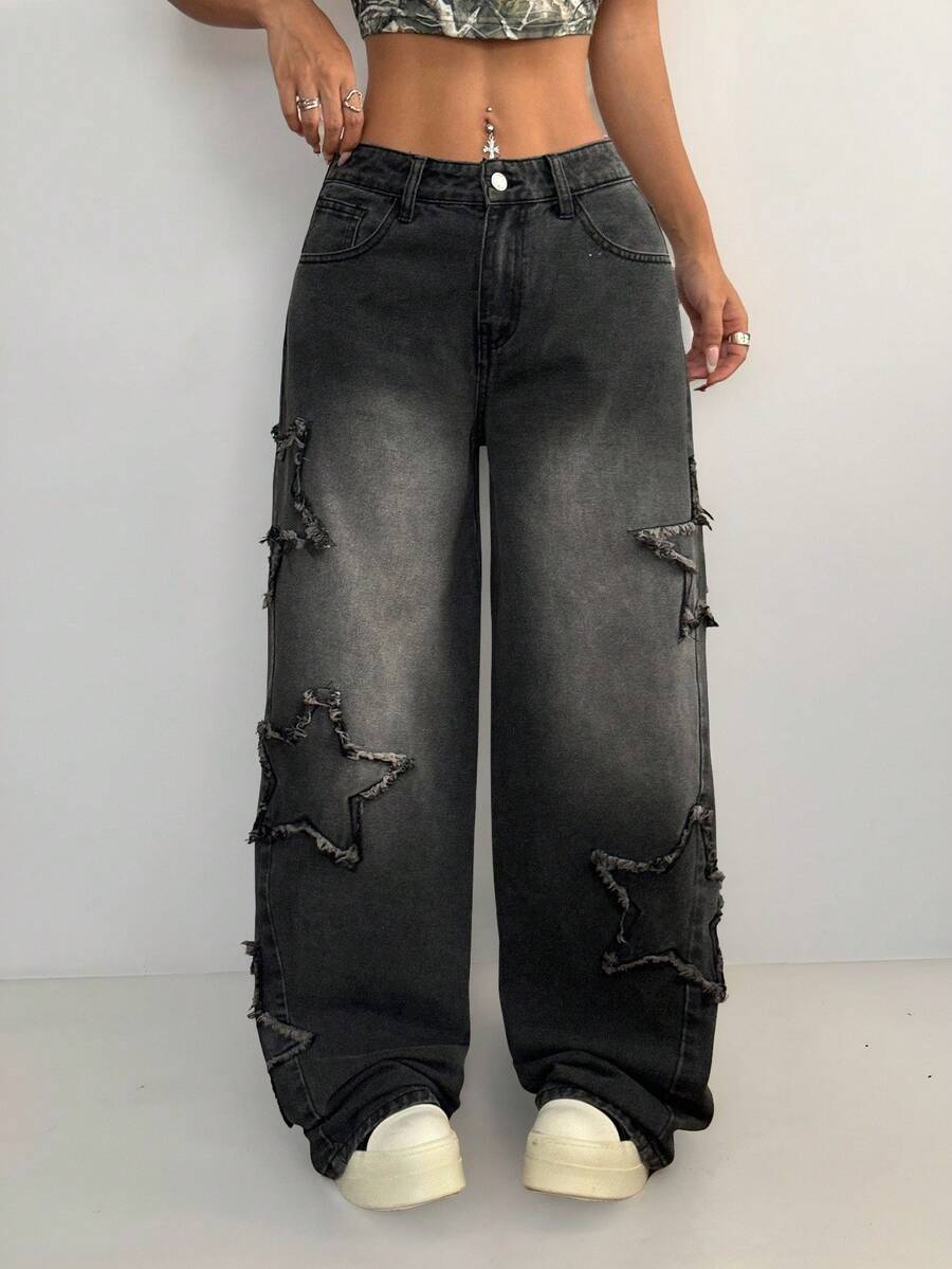 Coolane Women's Winter/All-Season Streetwear  Hippie   Music Festival Party Casual Preppy Vintage Basic Star Patched Washed Comfortable Black Baggy  Jeans