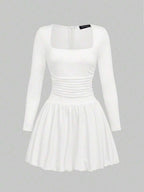 Elegant Vintage French Style Long Sleeve A-Line Dress, Pleated Collar Waist Cinched Casual Midi Length Dress For Women
