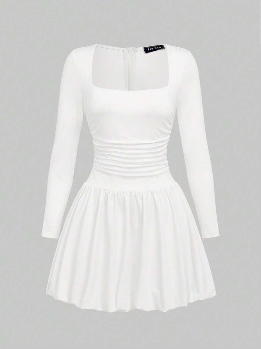 Elegant Vintage French Style Long Sleeve A-Line Dress, Pleated Collar Waist Cinched Casual Midi Length Dress For Women