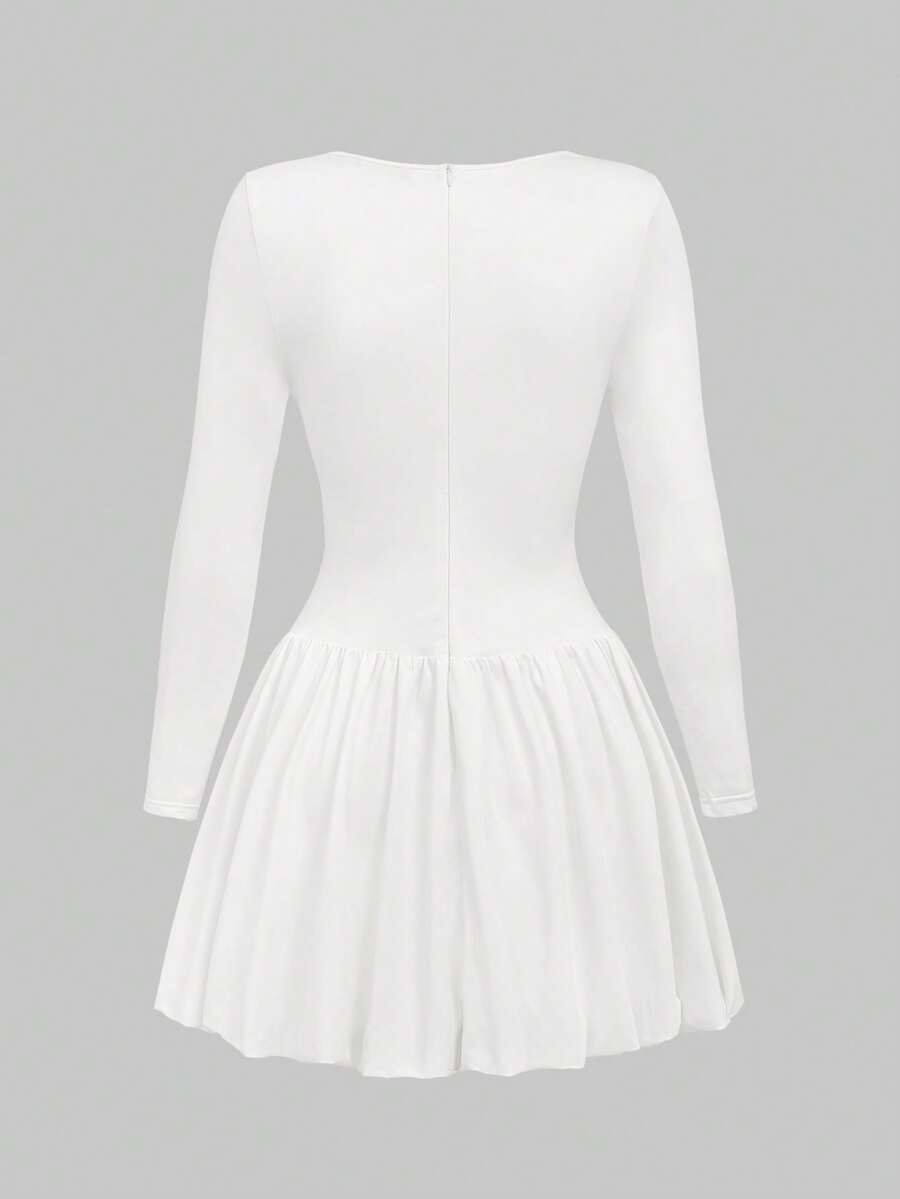Elegant Vintage French Style Long Sleeve A-Line Dress, Pleated Collar Waist Cinched Casual Midi Length Dress For Women