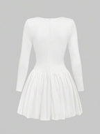 Elegant Vintage French Style Long Sleeve A-Line Dress, Pleated Collar Waist Cinched Casual Midi Length Dress For Women