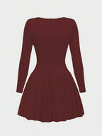 Elegant Vintage French Style Long Sleeve A-Line Dress, Pleated Collar Waist Cinched Casual Midi Length Dress For Women