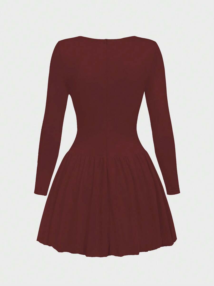 Elegant Vintage French Style Long Sleeve A-Line Dress, Pleated Collar Waist Cinched Casual Midi Length Dress For Women
