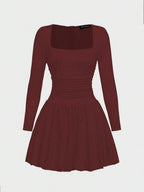 Elegant Vintage French Style Long Sleeve A-Line Dress, Pleated Collar Waist Cinched Casual Midi Length Dress For Women