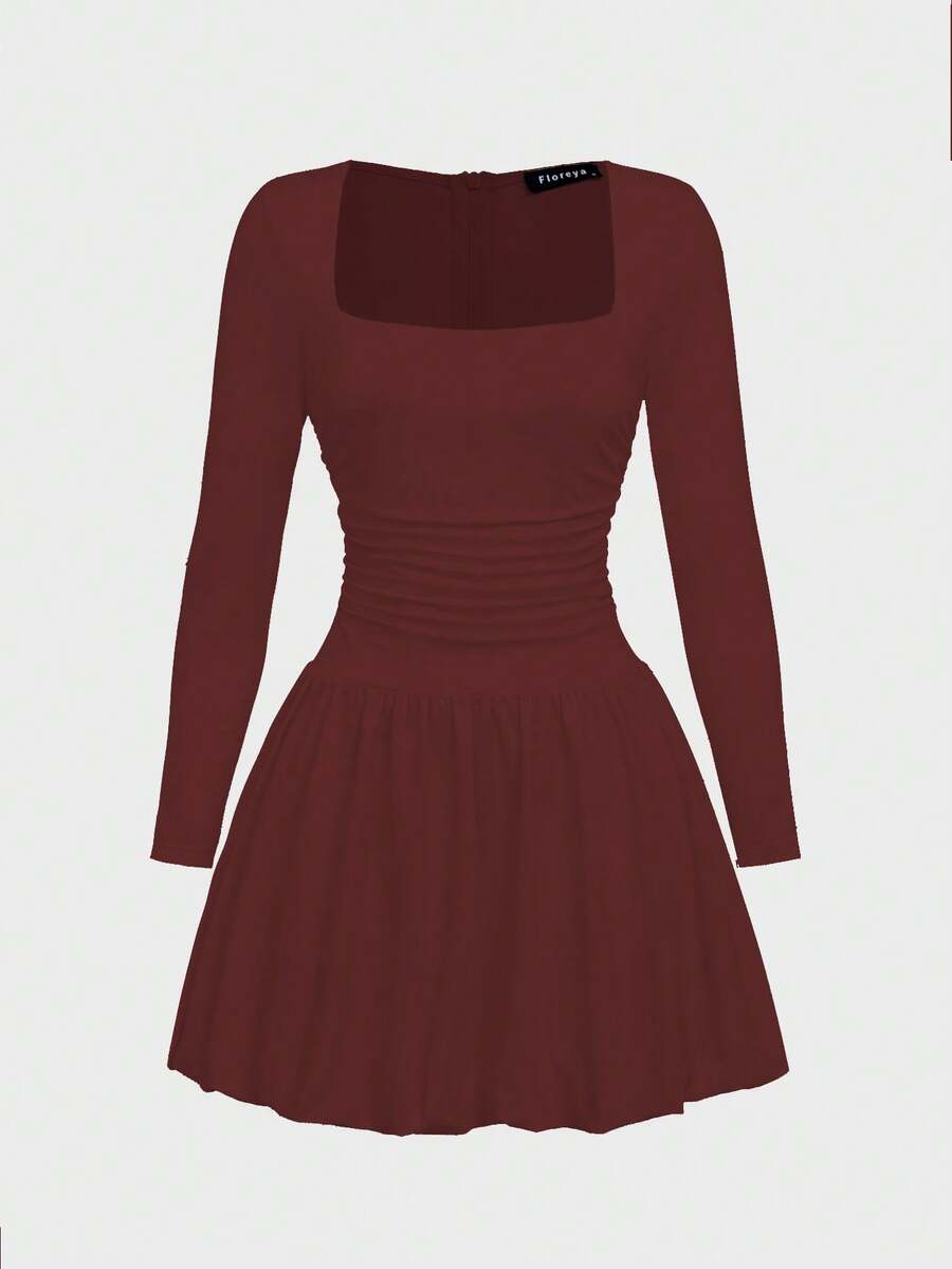 Elegant Vintage French Style Long Sleeve A-Line Dress, Pleated Collar Waist Cinched Casual Midi Length Dress For Women