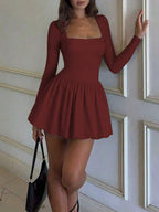 Elegant Vintage French Style Long Sleeve A-Line Dress, Pleated Collar Waist Cinched Casual Midi Length Dress For Women