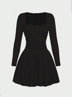 Elegant Vintage French Style Long Sleeve A-Line Dress, Pleated Collar Waist Cinched Casual Midi Length Dress For Women