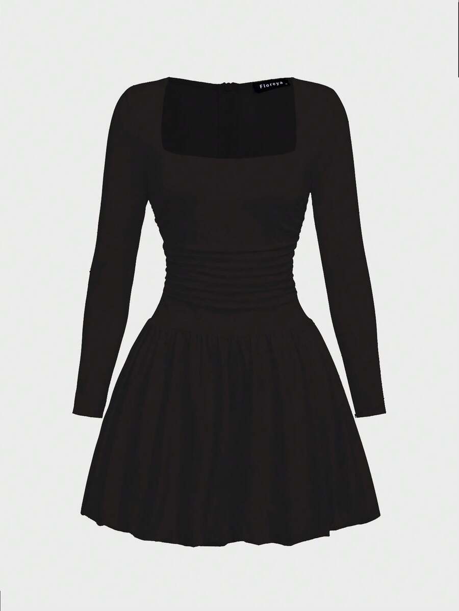 Elegant Vintage French Style Long Sleeve A-Line Dress, Pleated Collar Waist Cinched Casual Midi Length Dress For Women
