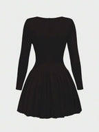 Elegant Vintage French Style Long Sleeve A-Line Dress, Pleated Collar Waist Cinched Casual Midi Length Dress For Women