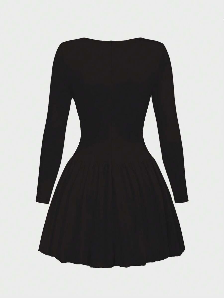 Elegant Vintage French Style Long Sleeve A-Line Dress, Pleated Collar Waist Cinched Casual Midi Length Dress For Women
