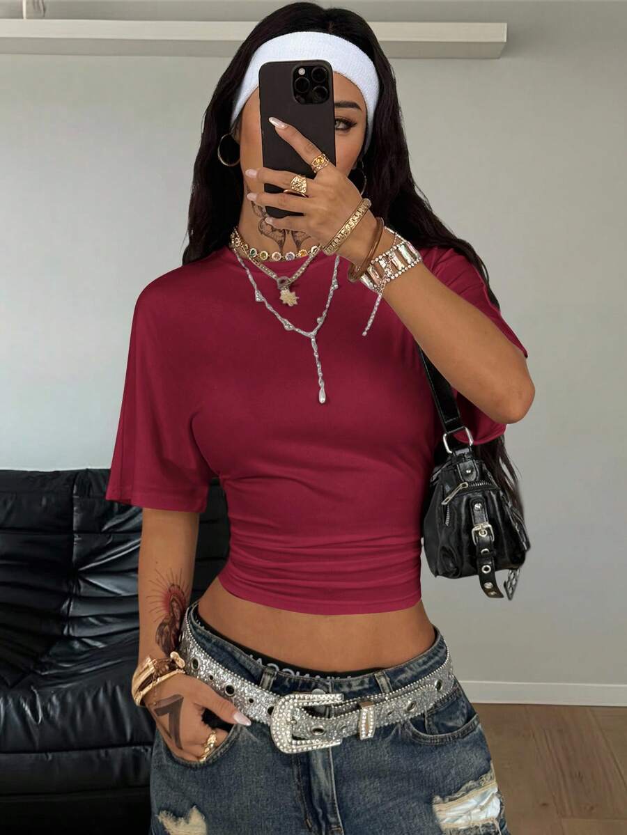 Coolane Women's Summer Minimalist Y2K Basic Daily Wear Casual Back To School Streetwear Stretchy Navy Blue Loose Ruched Crop Tees