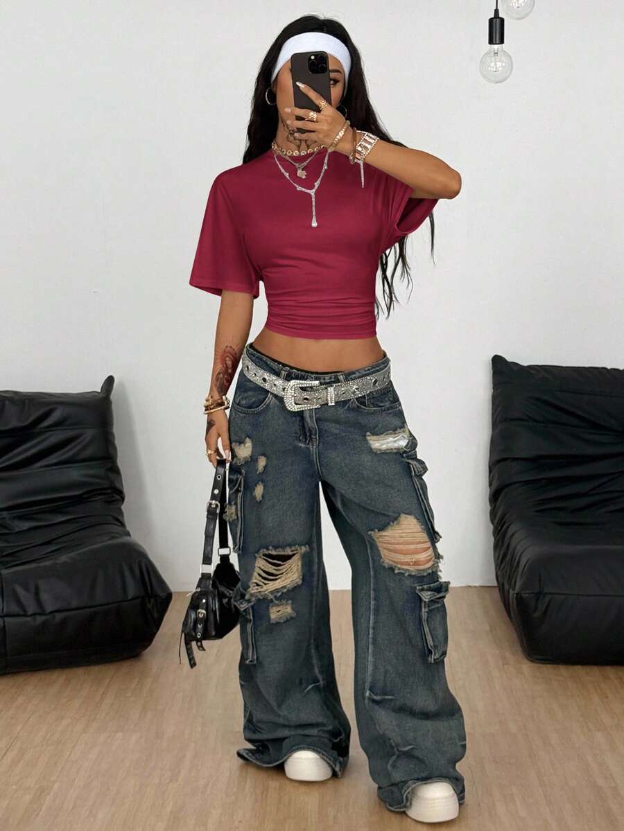 Coolane Women's Summer Minimalist Y2K Basic Daily Wear Casual Back To School Streetwear Stretchy Navy Blue Loose Ruched Crop Tees