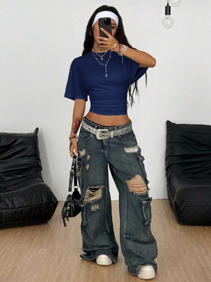 Coolane Women's Summer Minimalist Y2K Basic Daily Wear Casual Back To School Streetwear Stretchy Navy Blue Loose Ruched Crop Tees