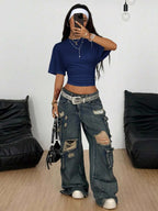 Coolane Women's Summer Minimalist Y2K Basic Daily Wear Casual Back To School Streetwear Stretchy Navy Blue Loose Ruched Crop Tees