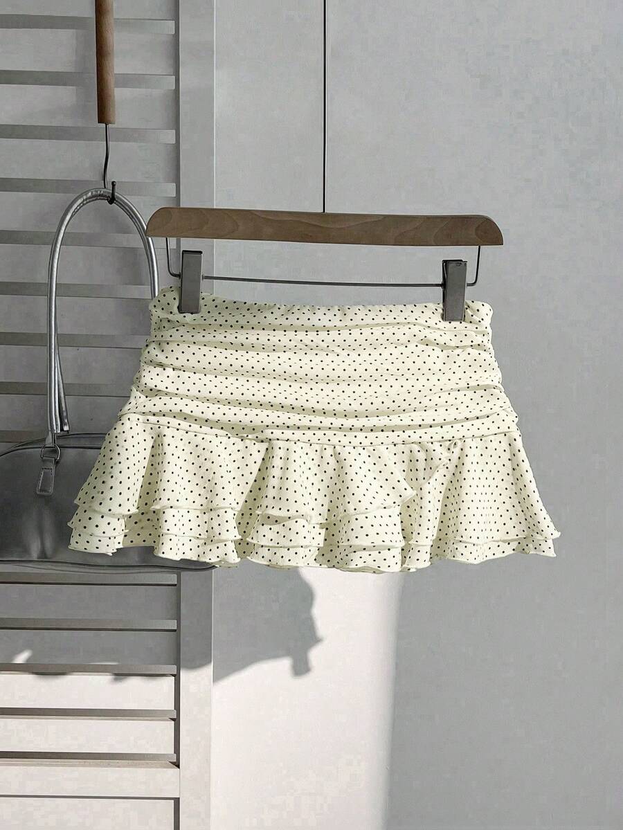 Elamini Women's Fashion Pleated Layered Decor Sweet Design Charming Polka Dot Ruffle Hem Vacation Style Skirt