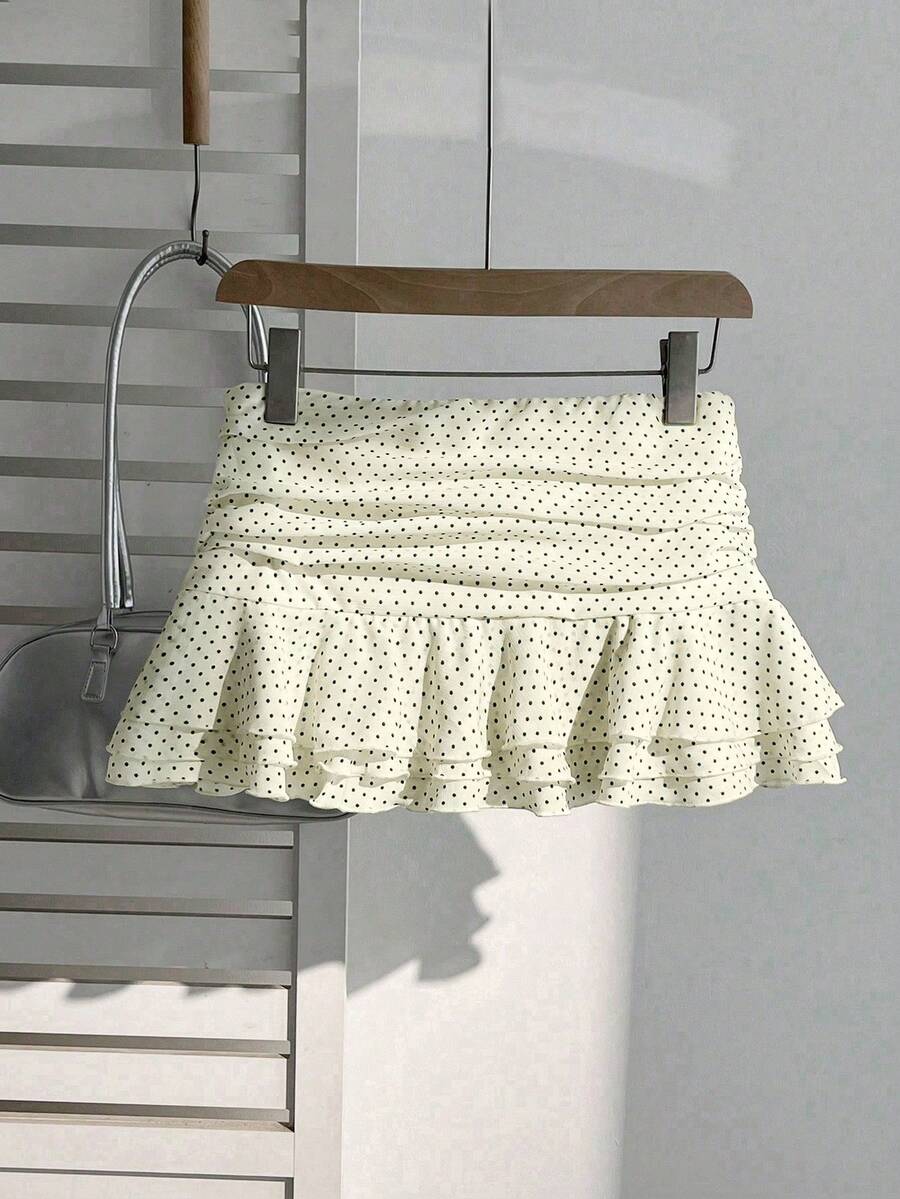 Elamini Women's Fashion Pleated Layered Decor Sweet Design Charming Polka Dot Ruffle Hem Vacation Style Skirt