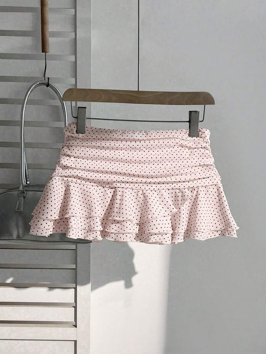 Elamini Women's Fashion Pleated Layered Decor Sweet Design Charming Polka Dot Ruffle Hem Vacation Style Skirt