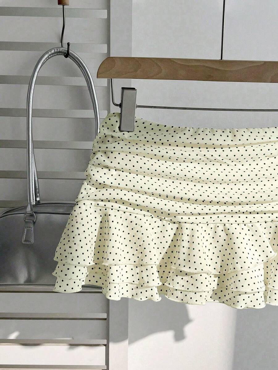 Elamini Women's Fashion Pleated Layered Decor Sweet Design Charming Polka Dot Ruffle Hem Vacation Style Skirt