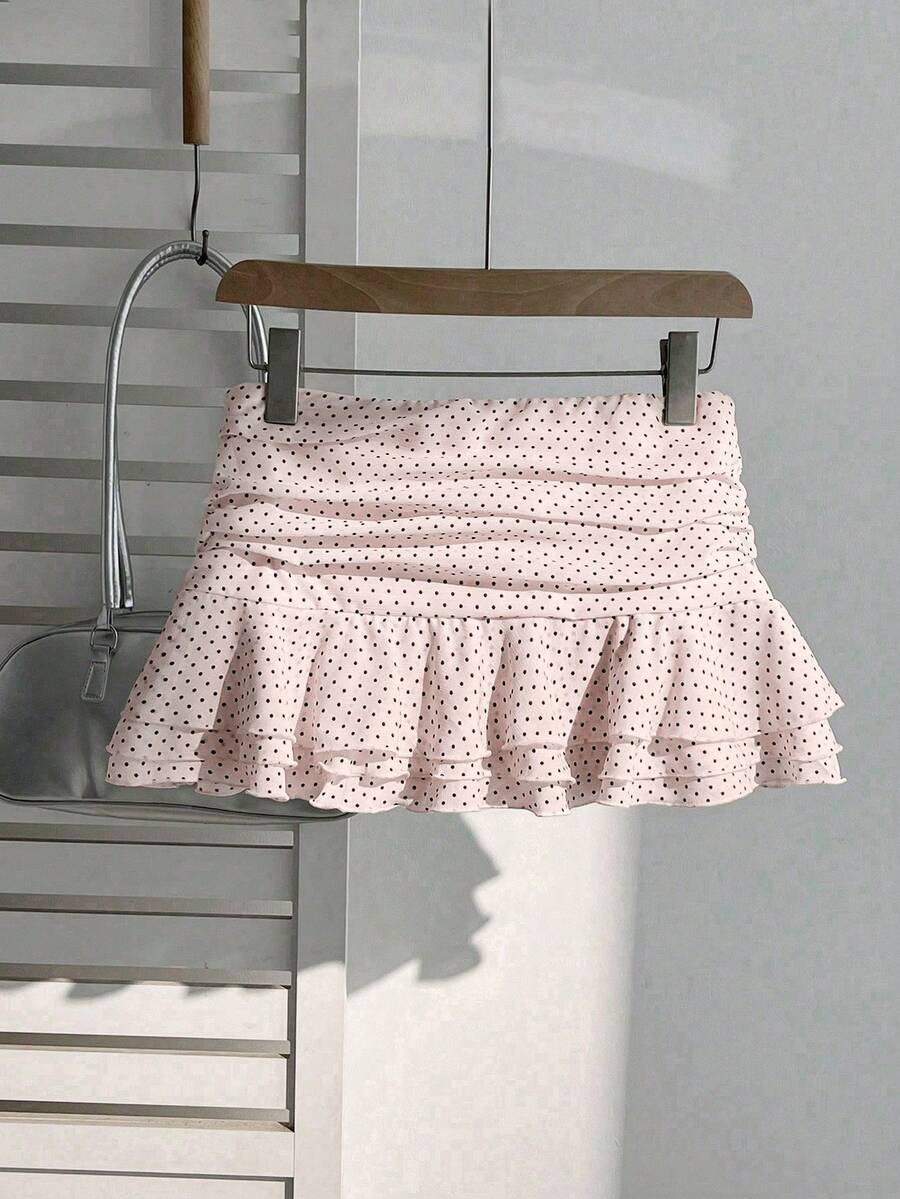 Elamini Women's Fashion Pleated Layered Decor Sweet Design Charming Polka Dot Ruffle Hem Vacation Style Skirt