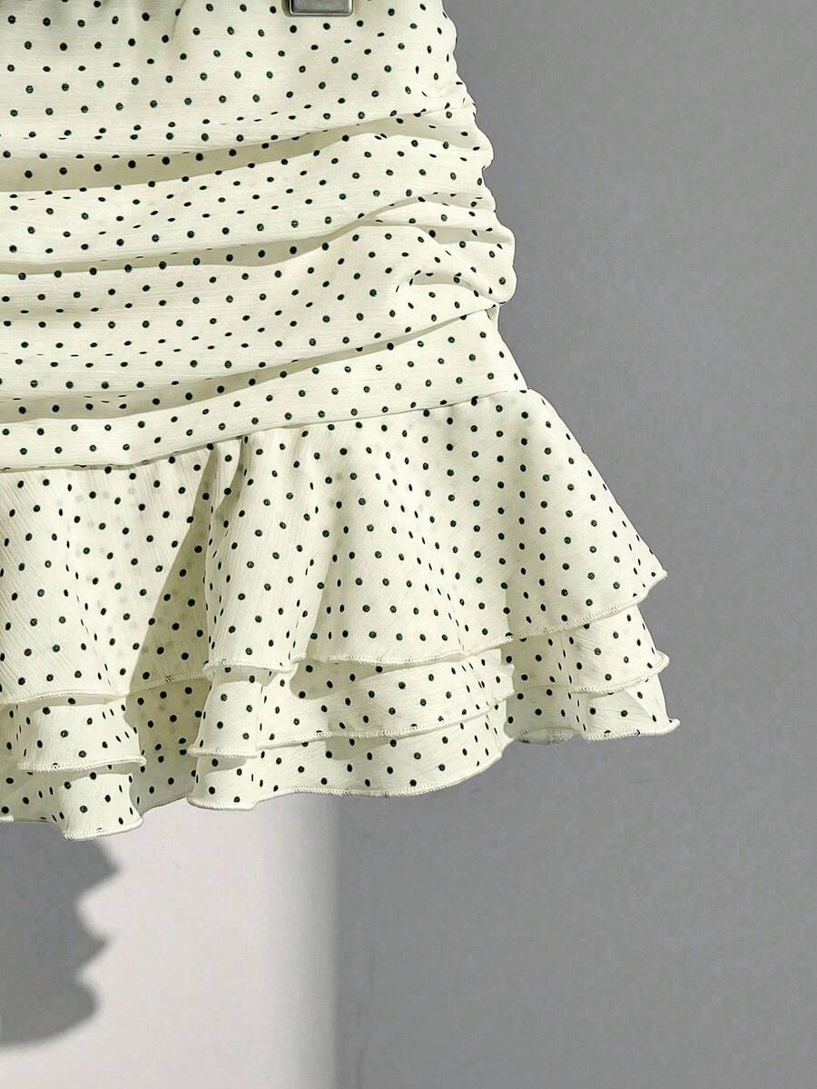 Elamini Women's Fashion Pleated Layered Decor Sweet Design Charming Polka Dot Ruffle Hem Vacation Style Skirt