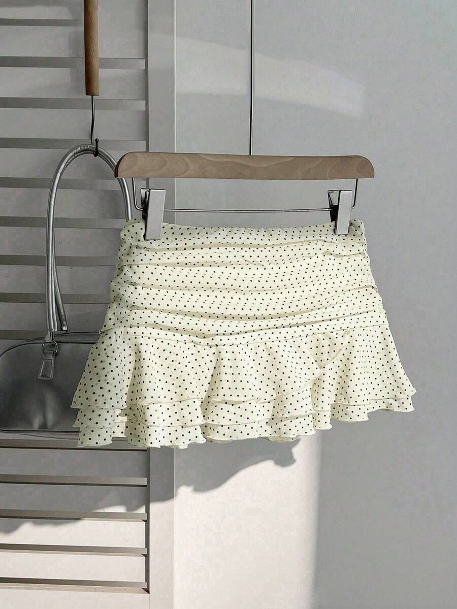 Elamini Women's Fashion Pleated Layered Decor Sweet Design Charming Polka Dot Ruffle Hem Vacation Style Skirt