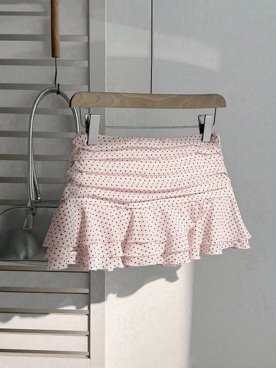 Elamini Women's Fashion Pleated Layered Decor Sweet Design Charming Polka Dot Ruffle Hem Vacation Style Skirt