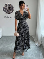 Elenzga Women's Elegant French Style Vacation Loose V-Neck Drop Shoulder Ruched A-Line Maxi Dress, Suitable For Beach, Afternoon Tea, Party