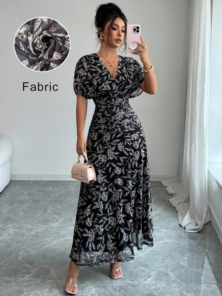 Elenzga Women's Elegant French Style Vacation Loose V-Neck Drop Shoulder Ruched A-Line Maxi Dress, Suitable For Beach, Afternoon Tea, Party