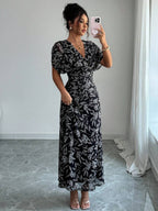 Elenzga Women's Elegant French Style Vacation Loose V-Neck Drop Shoulder Ruched A-Line Maxi Dress, Suitable For Beach, Afternoon Tea, Party