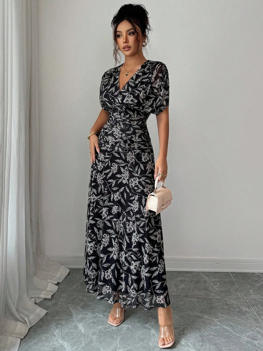Elenzga Women's Elegant French Style Vacation Loose V-Neck Drop Shoulder Ruched A-Line Maxi Dress, Suitable For Beach, Afternoon Tea, Party